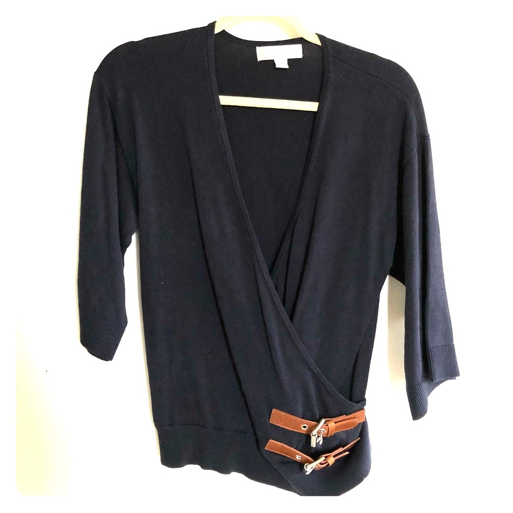 Michael Kors, Navy, 3/4 Sleeve, Faux Wrap Sweater